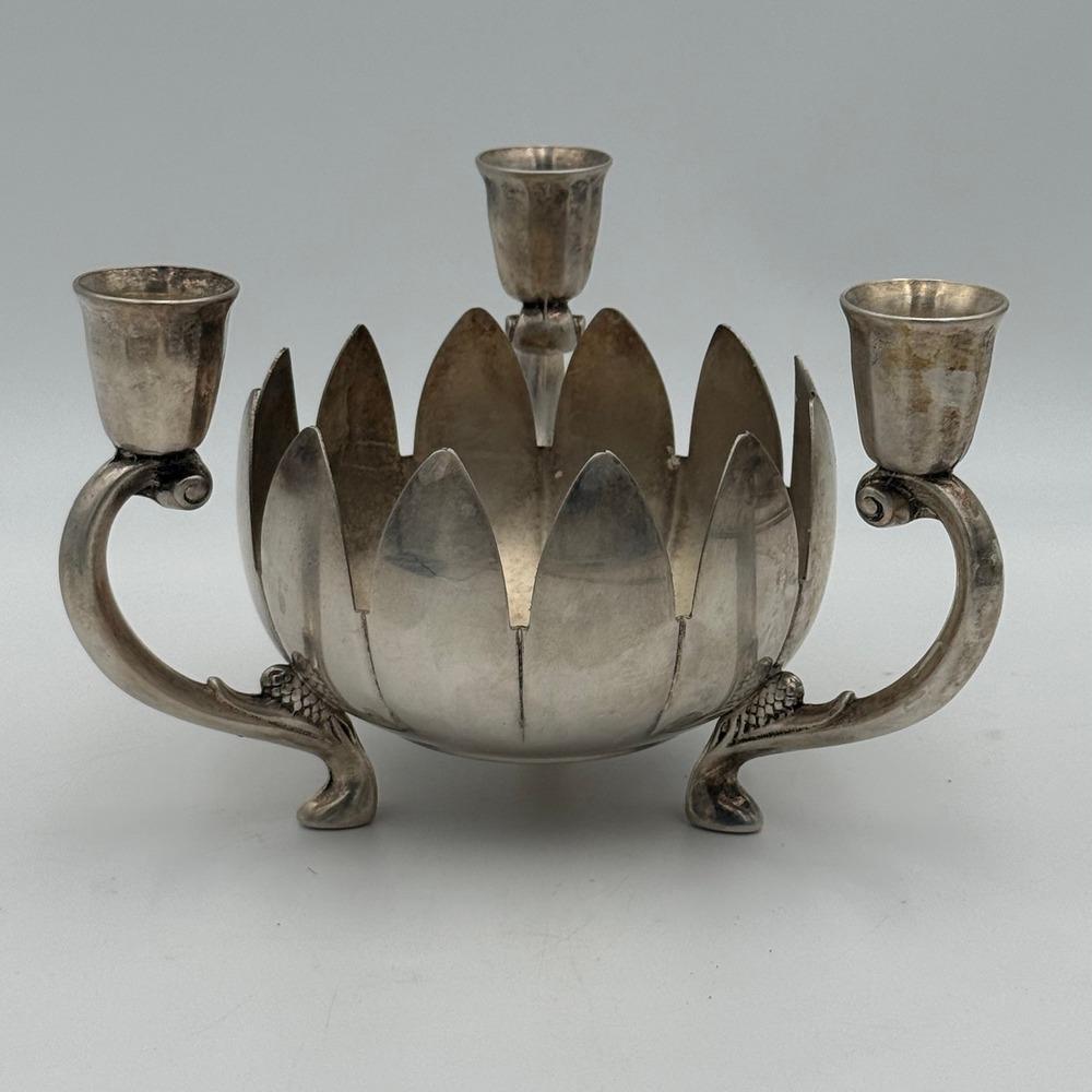 Vintage Silver Plated Lotus Flower Candelabra Triple Candle Holder Centerpiece
